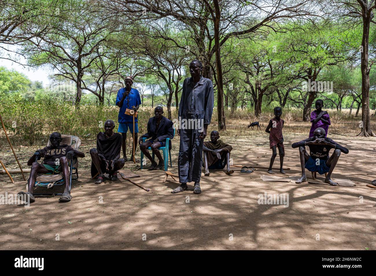 Older des Stammes Toposa haben ein Wiedersehen unter den Bäumen, Eastern Equatoria, Südsudan Stockfoto