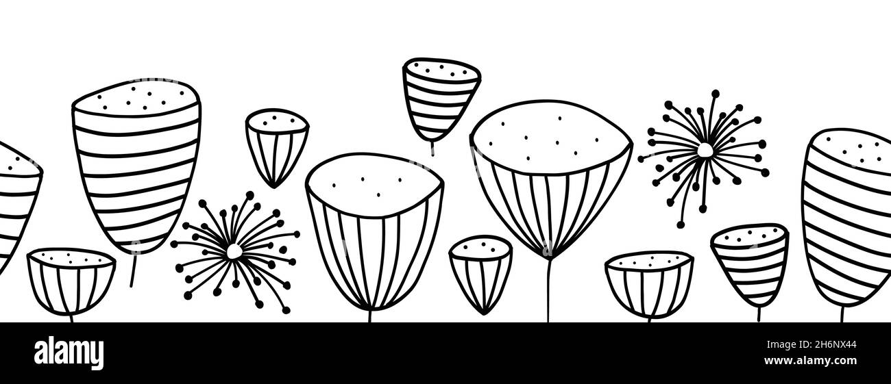 Färbung Blumen nahtlose Grenze. Moderne horizontale Doodle Linie Kunst Muster dekorative Blumen. Vektorgrafik auf Weiß isoliert Stock Vektor