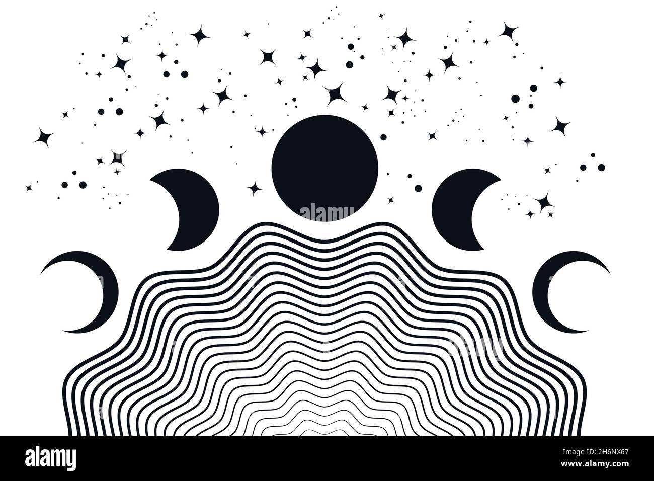 Mondphasen, geometrische Wellen, abstrakter zeitgenössischer Muschelhintergrund. Schwarze Tattoo-Farbe. Boho-Wanddekoration mit modernen minimalistischen Kunstdrucken. Organisches Zeichen Stock Vektor