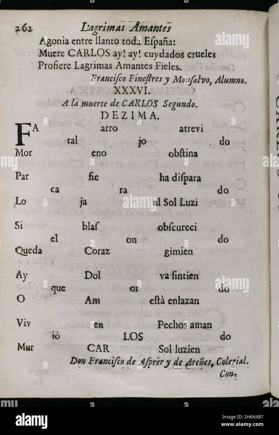 Geschichte Spaniens. Décima zum Tod von König Karl II. Durch Francisco de Asprer y de Arenes. Tränen der Liebe, vergossen von der bedeutenden Stadt Barcelona... in den großartigen Trauerritualen, die der geliebten und verehrten Erinnerung an ihren verstorbenen König und Herrn Don Carlos II.… gewidmet sind ('Lagrimas amantes de la excelentissima ciudad de Barcelona, con que agradecida a las reales finezas y beneficios, demuestra su amor y su dolor, en las magnificas exequias que celebró a las amadas y venerables memorias de su difunto Rey y Señor, D. Carlos II'). Von Josep Rocaberti. Ausgabe in Barcelona, im Druck von Juan Stockfoto