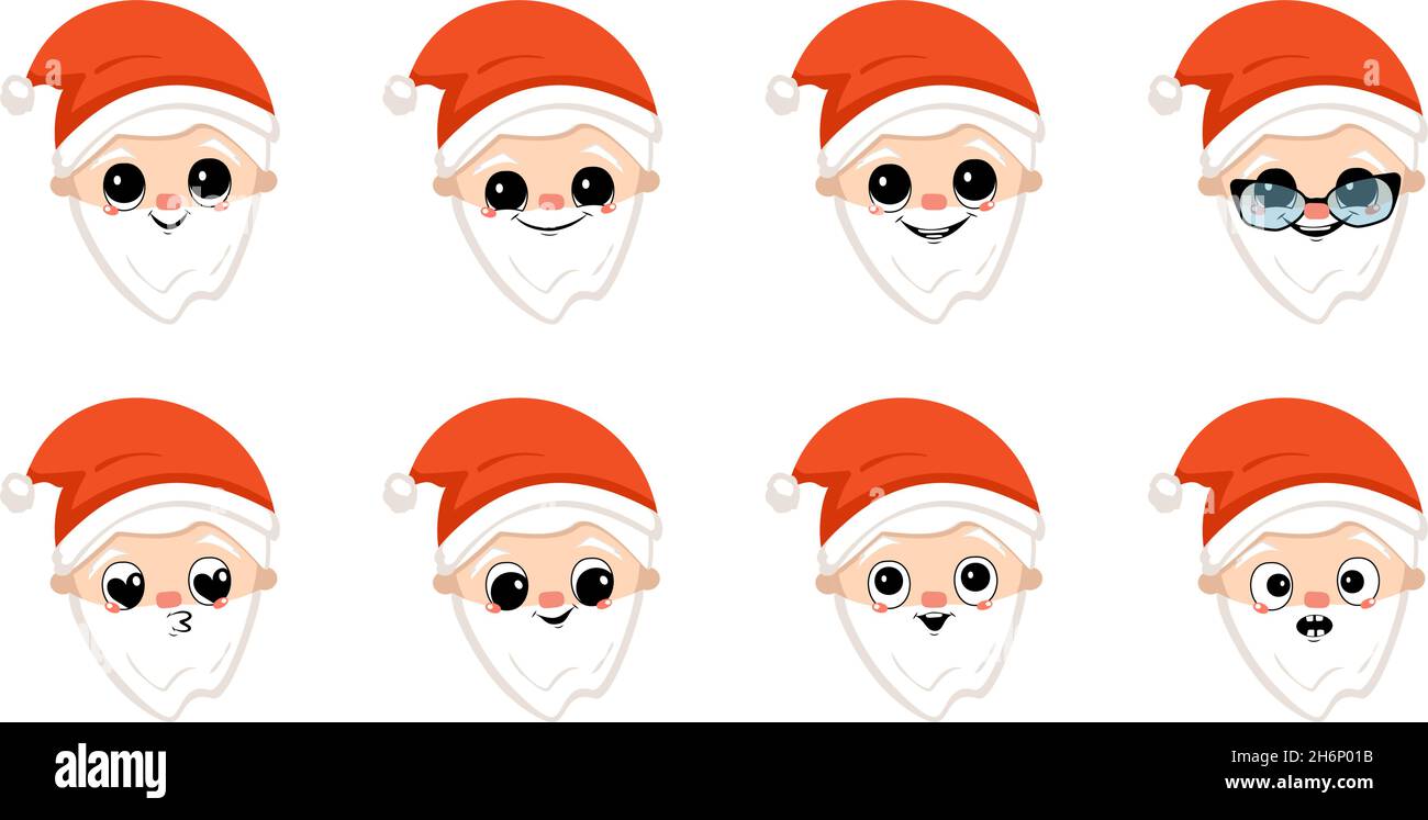Weihnachtsmann mit fröhlichen Lächeln in roter Mütze. Niedlicher Charakter mit fröhlichem Gesicht in festlichem Kostüm für Neujahr und Weihnachten. Kopf mit lustigen und verängstigten Emotionen. Vektorgrafik flach Stock Vektor