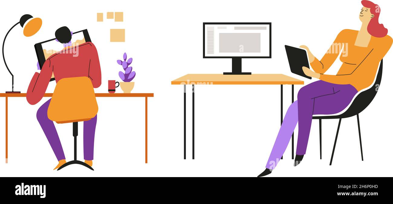 Mitarbeiter, die von Freiberuflern zu Hause arbeiten oder studieren Stock Vektor