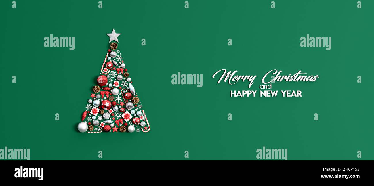 Weihnachtsbaum aus Weihnachtsdekoration auf grünem Hintergrund 3d Render 3d-Illustration Stockfoto