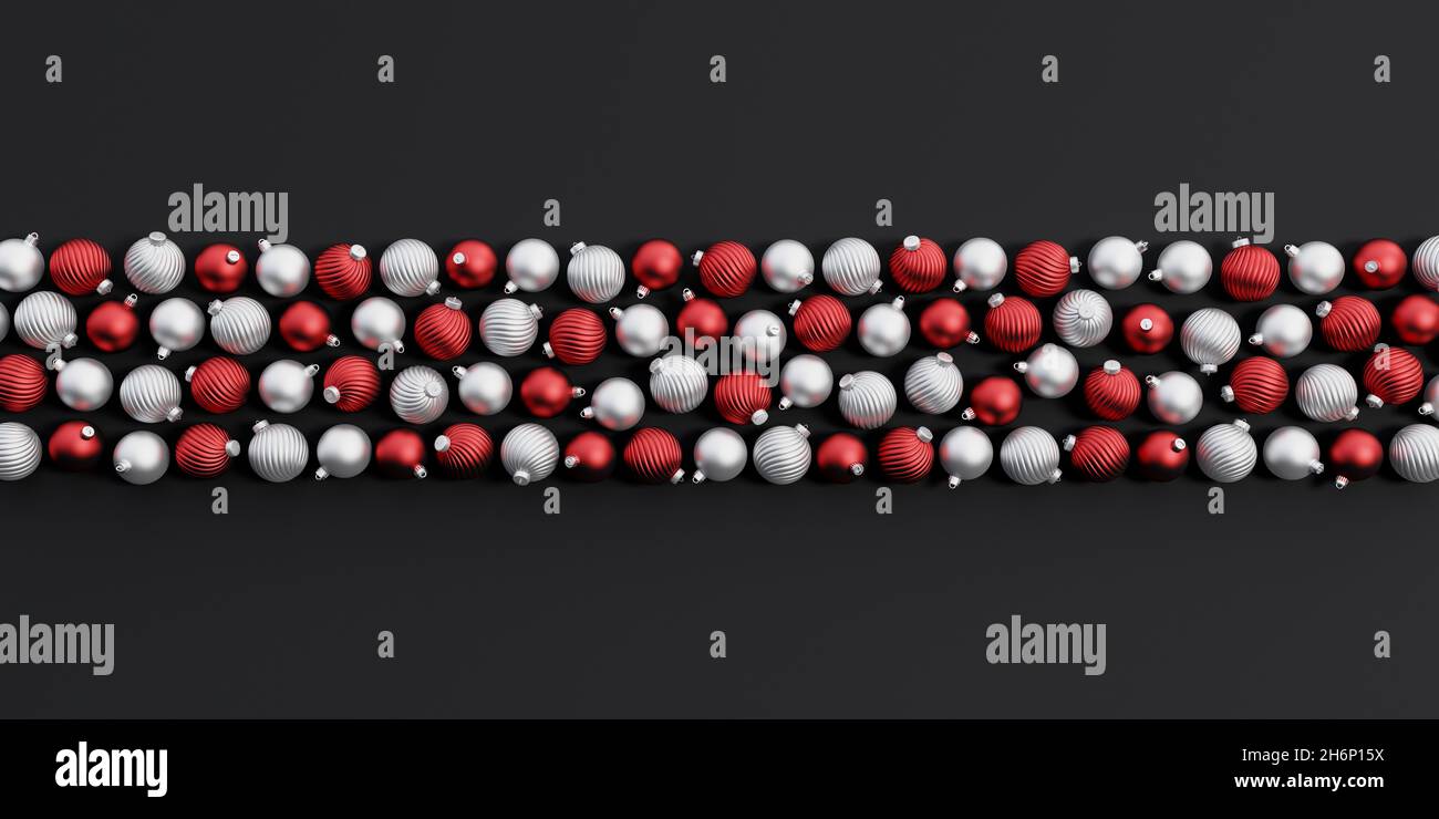 Grußkarte mit dekorativen Weihnachtskugeln auf schwarzem Hintergrund 3d Rendering 3d Illustration Stockfoto