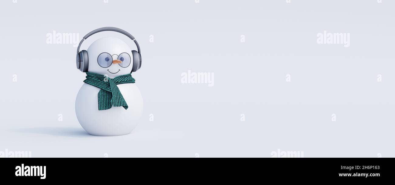 Snowman 3d Charakter mit Sonnenbrille und Kopfhörer auf weißem Hintergrund. Frohe Weihnachten und ein glückliches neues Jahr Grußkarte 3d Rendering 3d Illustration Stockfoto