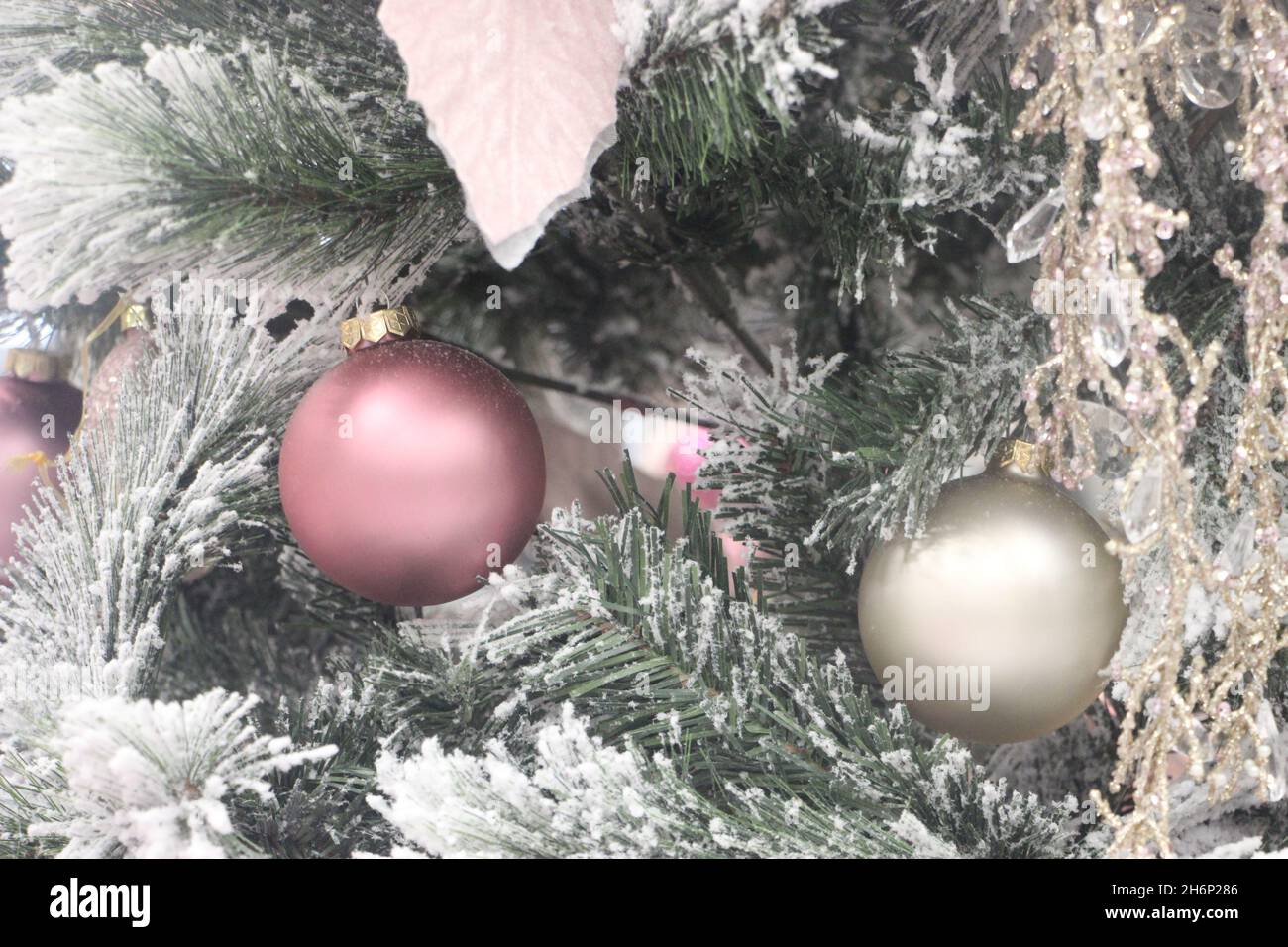 Weihnachtsschmuck auf den Zweigen des Weihnachtsbaums. Tanne dekoriert für Neujahr Traditionen. Stockfoto