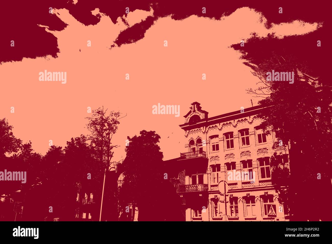 duotone-Grafik von Stadtgebäuden in Dunkelrot und sanftem Pink. Geschäftsstadtlandschaft. Stockfoto