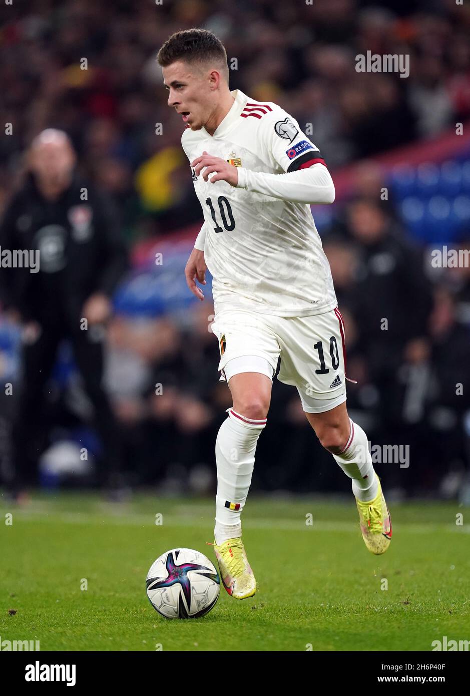 Die Gefahr von Thorgan in Belgien während des FIFA-WM-Qualifikationsspiel im Cardiff City Stadium, Cardiff. Bilddatum: Dienstag, 16. November 2021. Stockfoto