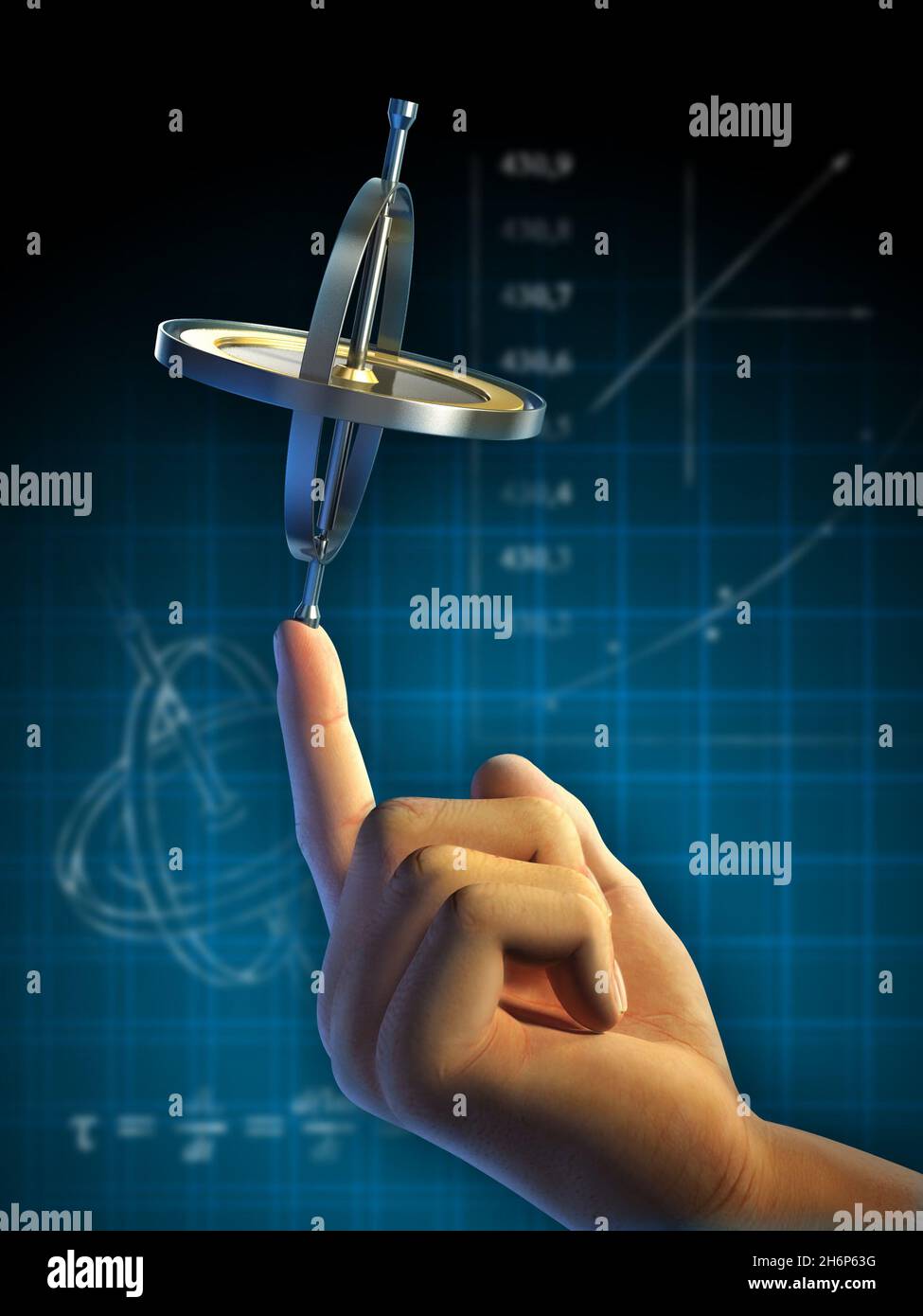 Das Gyroskop steht auf der Fingerspitze im Gleichgewicht. Digitale Abbildung, Clipping Path enthalten, um Hand und Gyroskop vom Hintergrund zu isolieren. Stockfoto