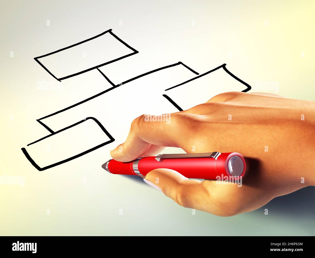 Hand hält einen Stift und füllt ein Flussdiagramm. Digitale Illustration. Stockfoto