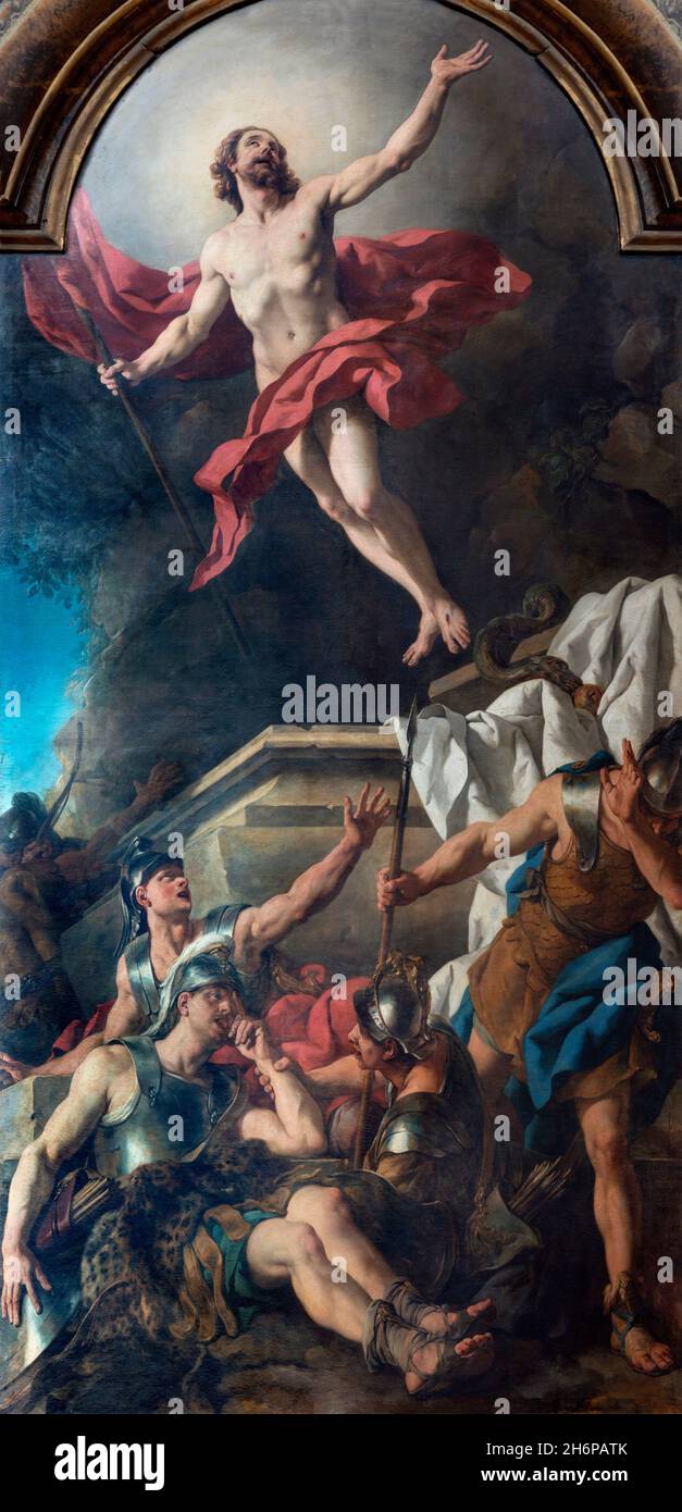 ROM, ITALIEN - 30. AUGUST 2021: Das Gemälde der Auferstehung Christi in der Kirche Chiesa dei Santi Claudio e Andrea dei Borgognoni Stockfoto