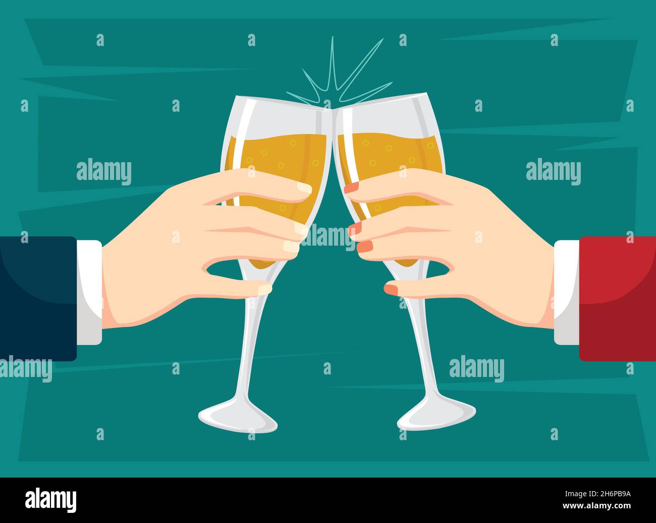 Hände halten Gläser Champagner. Gläser mit Wein anklicken Stock Vektor