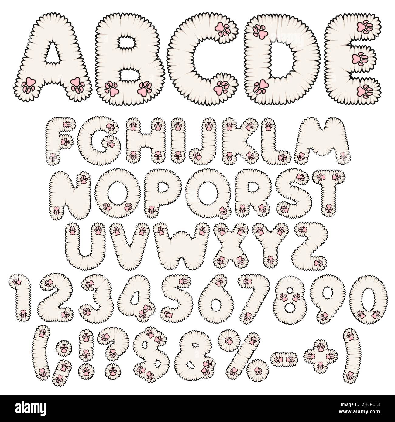Flauschiges weißes Alphabet, Buchstaben, Zahlen und Schilder mit rosa Pfoten. Satz isolierter Vektorobjekte auf weißem Hintergrund. Stock Vektor