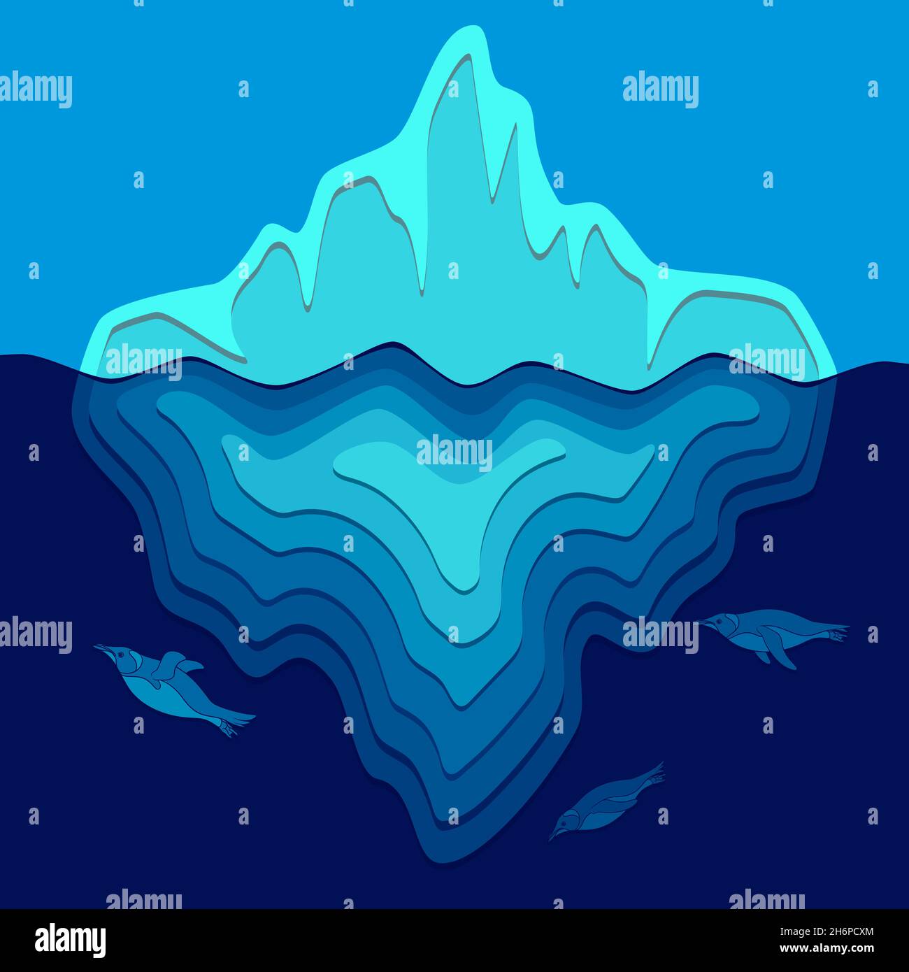 Illustration mit Eisberg und Pinguinen, die unter Wasser schwimmen. Vektorhintergrund. Stock Vektor