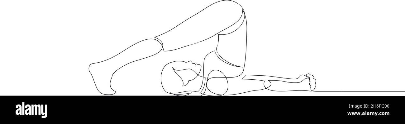 Frau, die Yoga-Pflug Pose. Fortlaufende Linienzeichnung. Lineare Darstellung des Asana-Vektors Stock Vektor