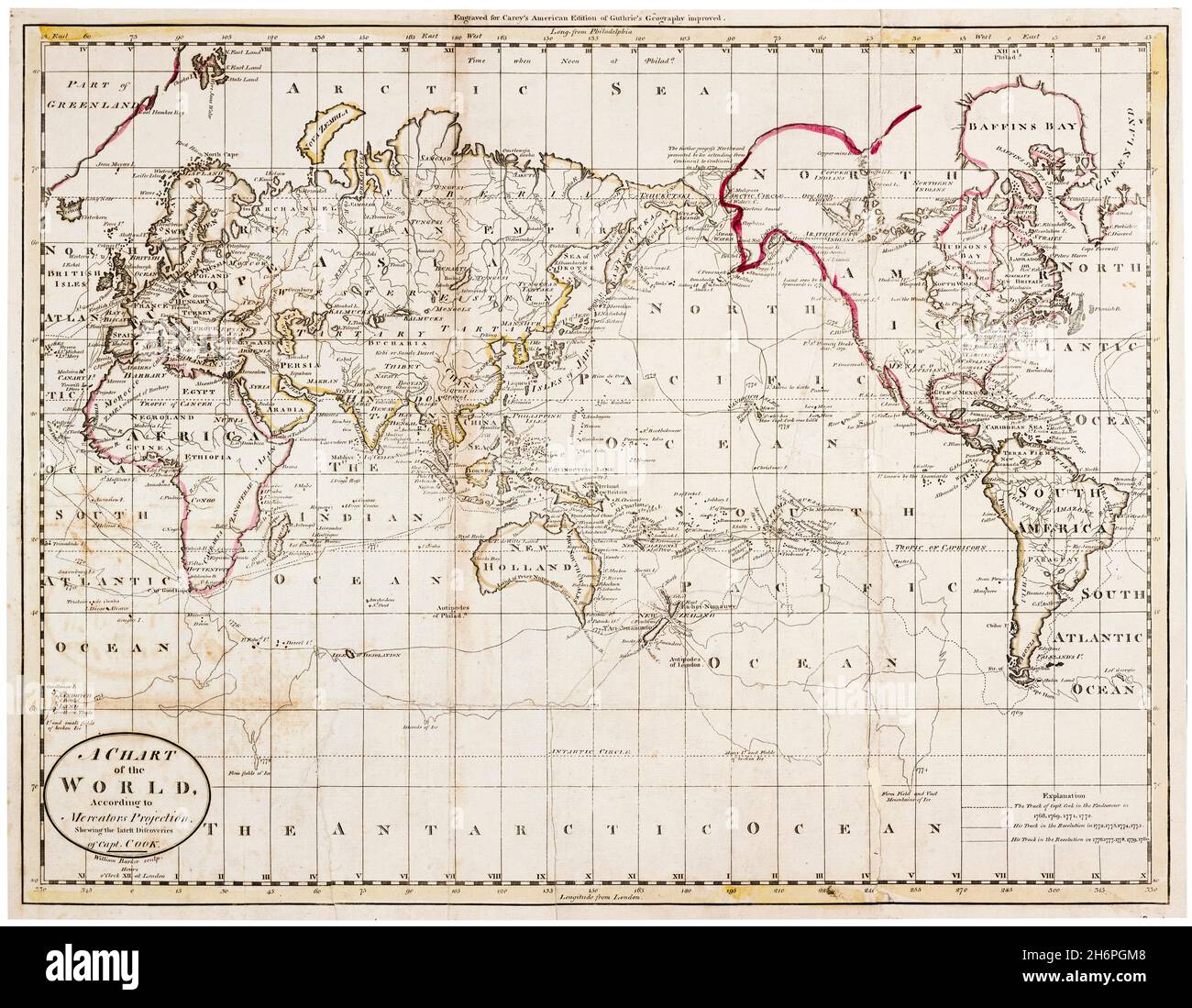 Britische Weltkarte aus dem 18. Jahrhundert, zeigt die Entdeckungen von Captain Cook, Stich von William Barker, 1795 Stockfoto