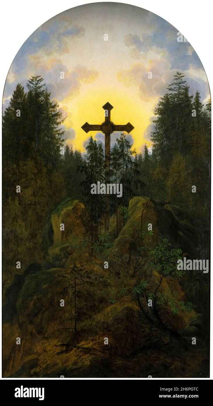 Kreuz in den Bergen, Landschaftsmalerei von Caspar David Friedrich, 1815-1820 Stockfoto