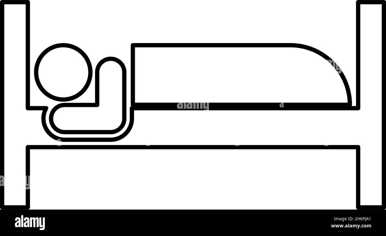 Mann liegt auf Bett schlafen Konzept Hotel Zeichen Kontur Umriss Symbol schwarz Farbe Vektor Illustration flachen Stil einfaches Bild Stock Vektor