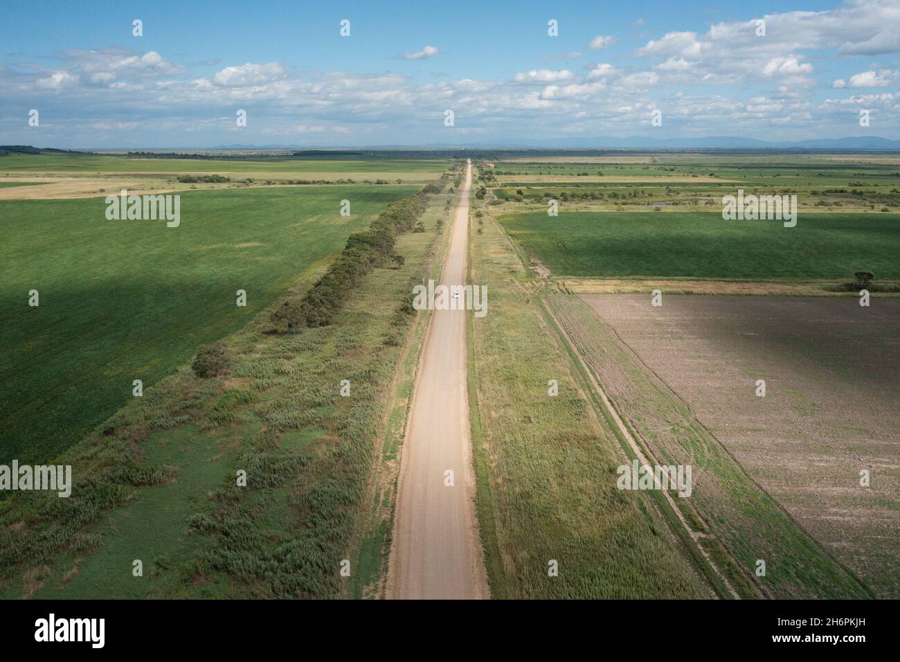 Eine Landstraße zwischen den Feldern, die sich bis in die Ferne erstreckt, fährt ein Auto entlang. Stockfoto