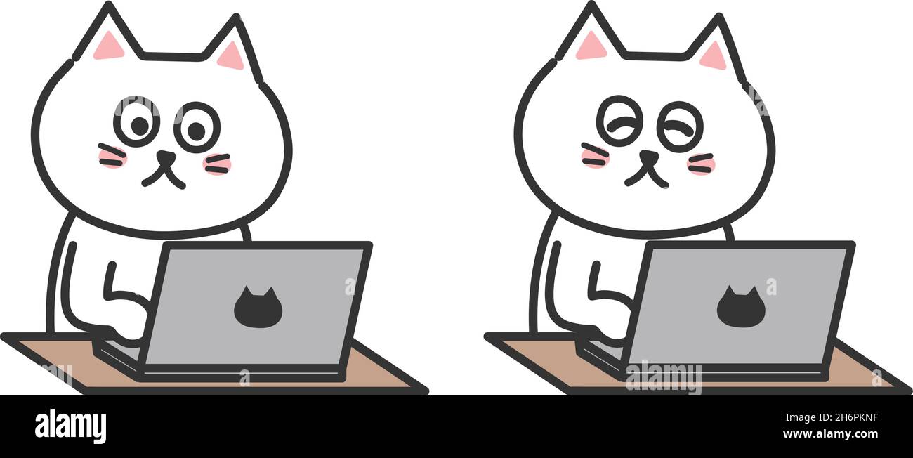 Set einer weißen Katze, die mit einem Laptop arbeitet. Vektordarstellung auf weißem Hintergrund isoliert. Stock Vektor