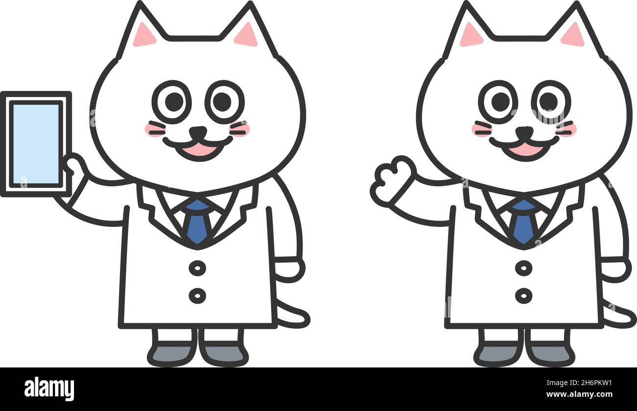 Set von weißen Katze Arzt trägt Laborkittel. Vektordarstellung auf weißem Hintergrund isoliert. Stock Vektor