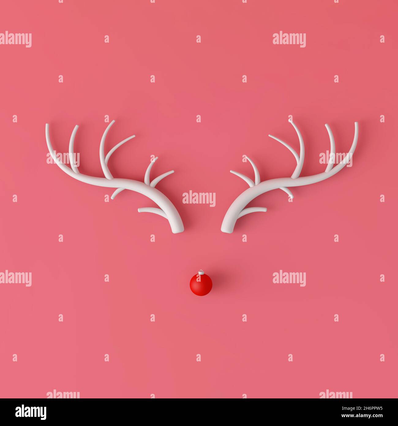 Abstraktes, minimalistisches Weihnachtsrentier-Gesicht mit Geweih und einer Ziernase aus Kugel. 3D-Rendering Stockfoto