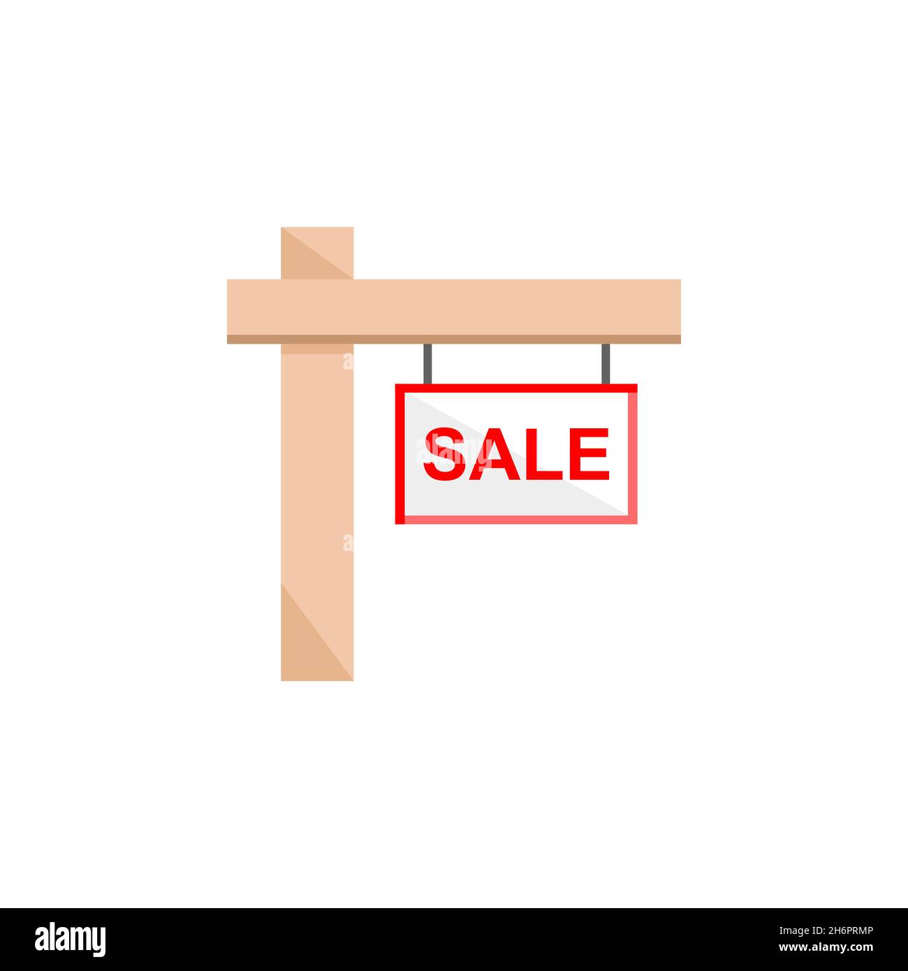 Vektor hängendes 'for Sale'-Schild von einer Stange mit rotem Text. Verwenden Sie in Ihrer Immobilienagentur Website, für Verkaufsprospekte und Werbung. Stock Vektor