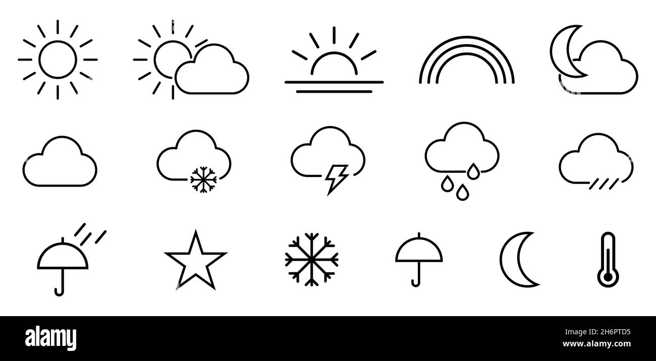 Satz von Wettersymbolen. Linienkunst. Wetter, Wolken, sonniger Tag, Mond, Schneeflocken. Vektordarstellung auf weißem Hintergrund isoliert Stock Vektor