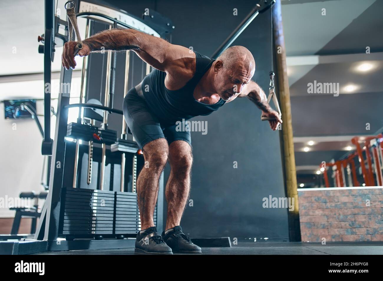 Ältere Bodybuilder arbeitet Züge in der Turnhalle gewinnt Gewicht Pumpen Muskeln. Bodybuilding-Konzept Stockfoto