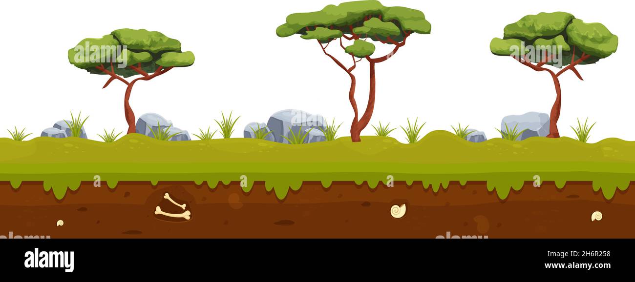 Wald-Fantasy-Landschaft mit Baum, Gras, Steinboden im Cartoon-Stil. Tropische warme Szene. UI-Spielhintergrund, horizontal. Vektorgrafik Stock Vektor