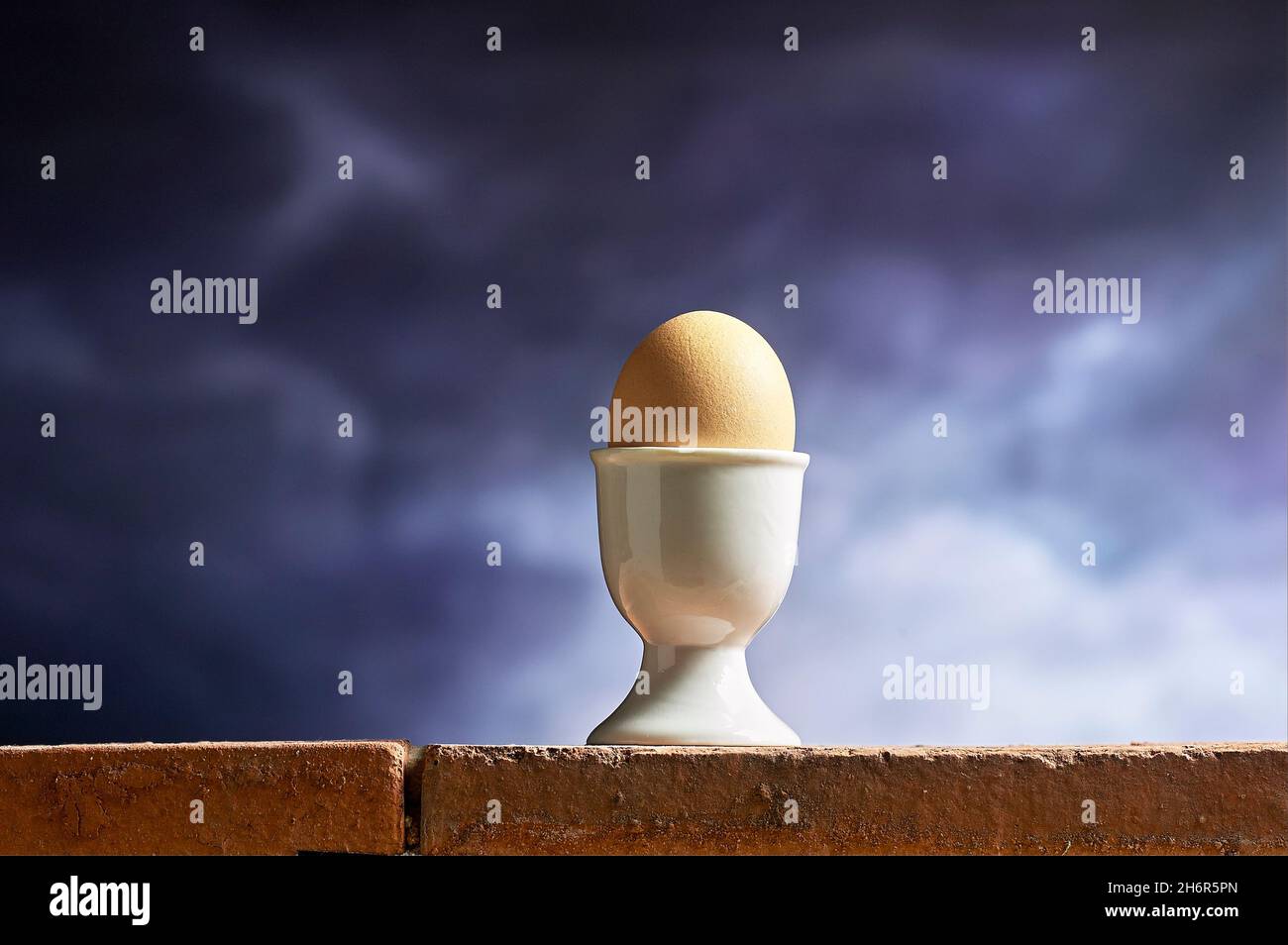 Gekochtes Ei im Eierbecher-Halter, der wie humpty dumpty auf der Ziegelwand positioniert ist. Stockfoto