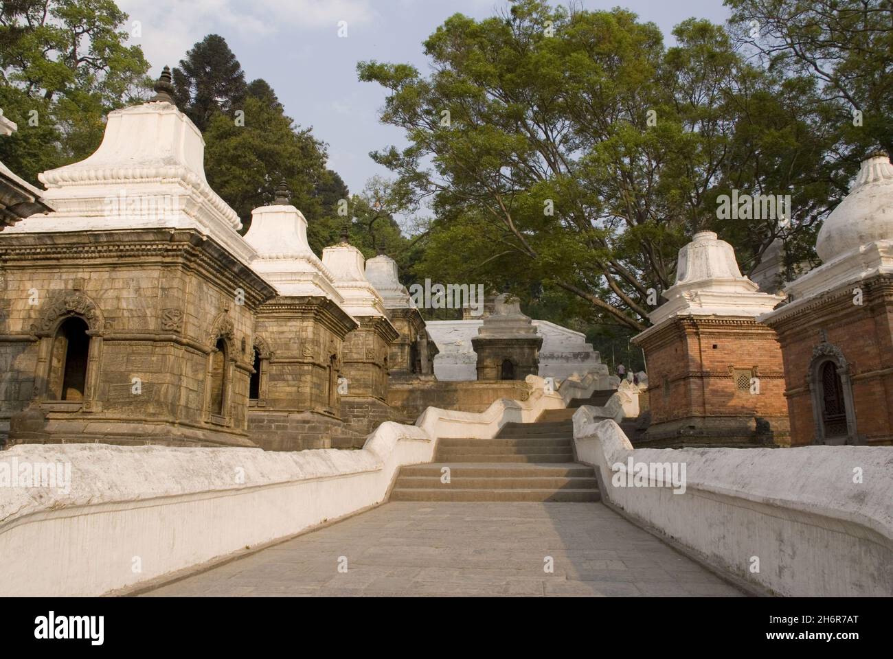 Treppen vom Tempel von Pashupatinath, der zum Tempel von Guhyeshori auf der anderen Seite des Hügels führt, der durch den Sleshmantak-Wald führt. Nepal, 1. April 2007. Stockfoto