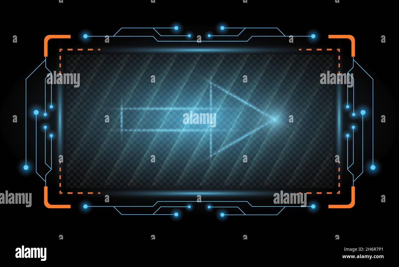 Abstrakt blauen Bildschirm Hi-Tech Hologramm Rahmen rechten Pfeil Zeichen Technologie Hintergrund. Futuristische HUD-Technologie Rahmen Hintergrund. Stock Vektor