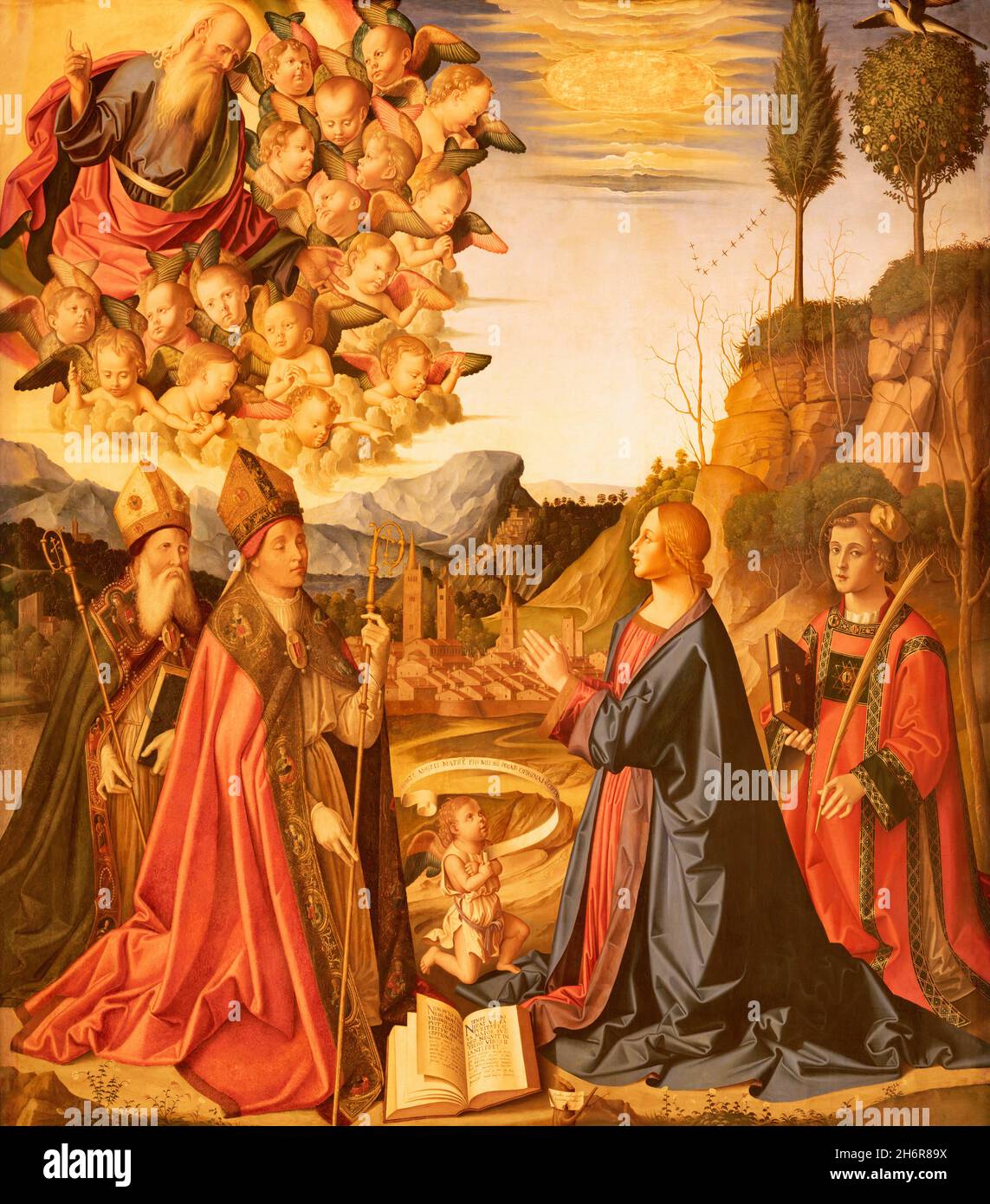Forlí, ITALIEN - 11. NOVEMBER 2021: Das Passen der Unbefleckten Empfängnis und der Heiligen in der Kirche Basilica San Mercuriale von Marco Palmezzano (1510) Stockfoto