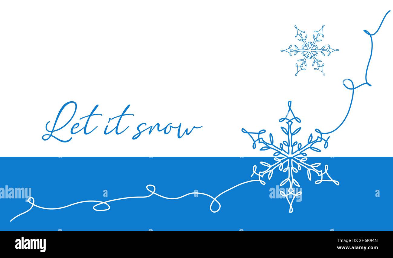 Lassen Sie es Schneekarte mit Schneeflocken in blauen und weißen Farben. Kontinuierliche Linienzeichnung Lassen Sie es Schnee Hintergrund, Banner, Poster für weihnachten und Neujahr Stock Vektor