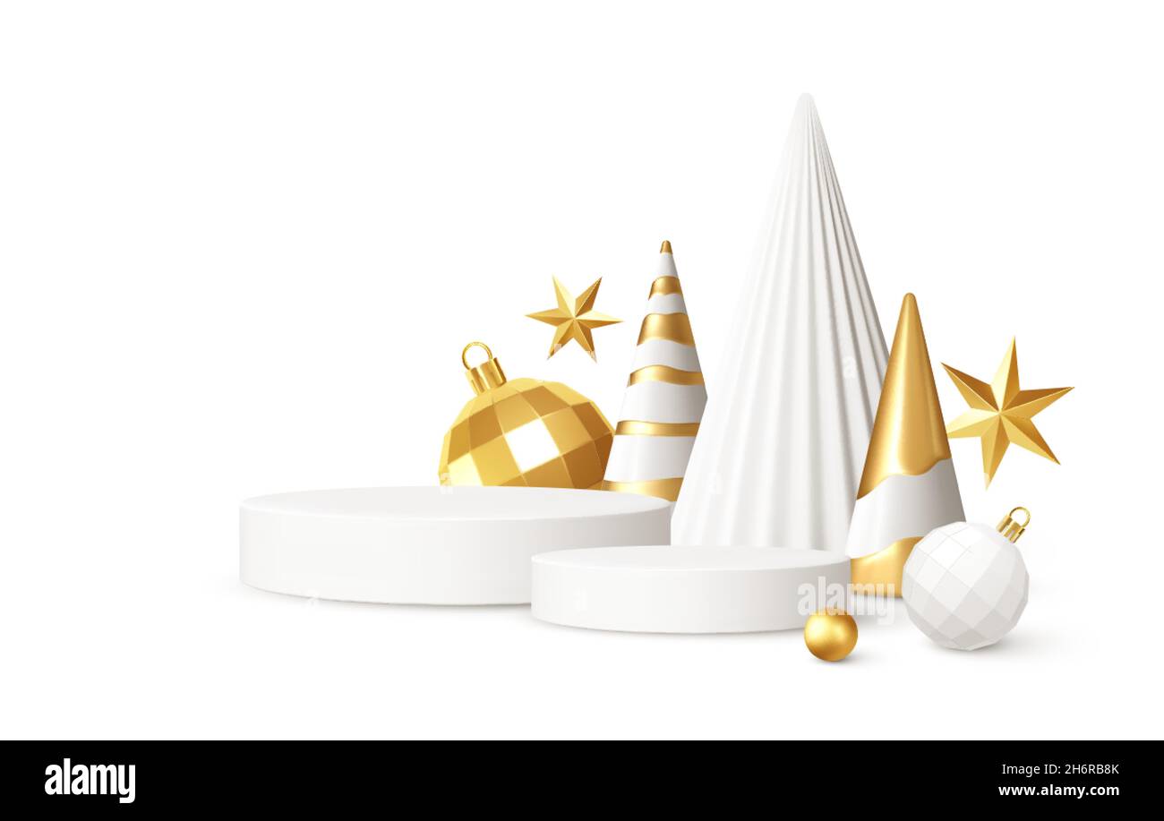 Weihnachtlich realistische 3D-Trendhintergründe. 3D geometrische minimalistische Weihnachtsbaumdekoration für Flyer, Banner, Werbung. Vektor Stock Vektor