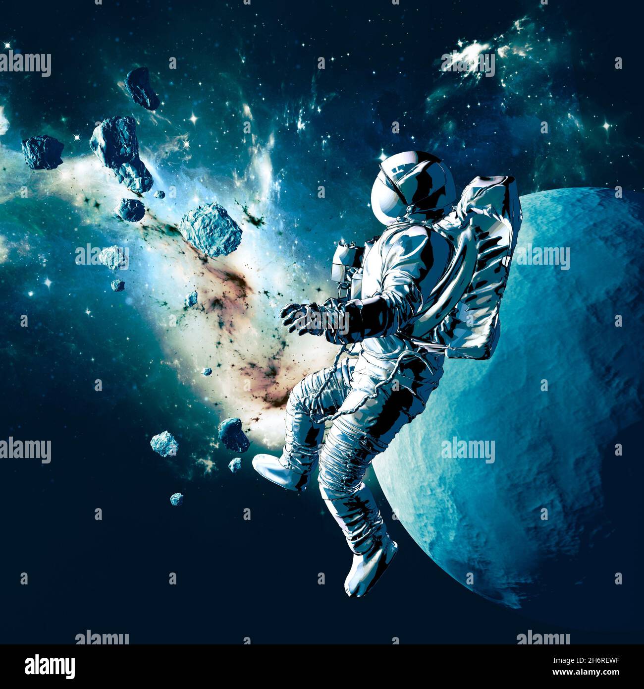 Astronaut schwimmt im Weltraum. Neue Welten und unerforschte Galaxien. Und Planeten. Unbewohnte Felsmassen. Sci-Fi. Erforschung neuer Welten Stockfoto