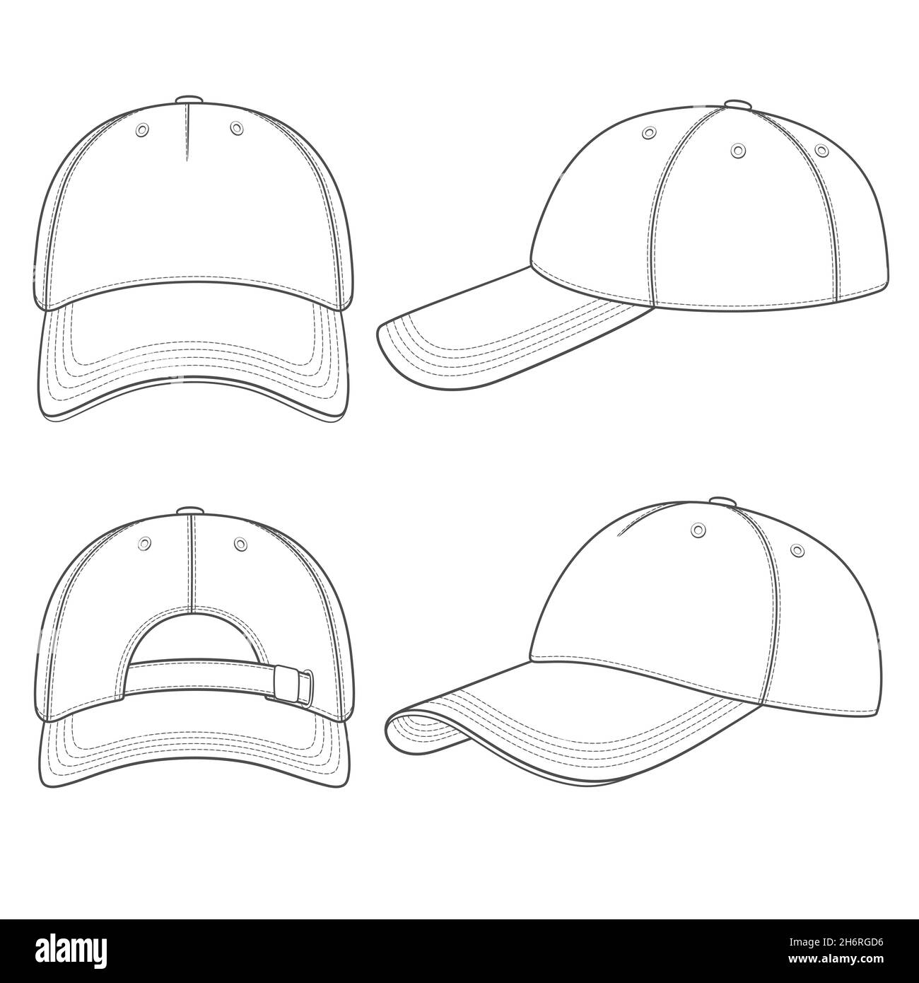 Set mit schwarzen und weißen Illustrationen mit einer Baseballmütze. Isolierte Vektorobjekte auf weißem Hintergrund. Stock Vektor