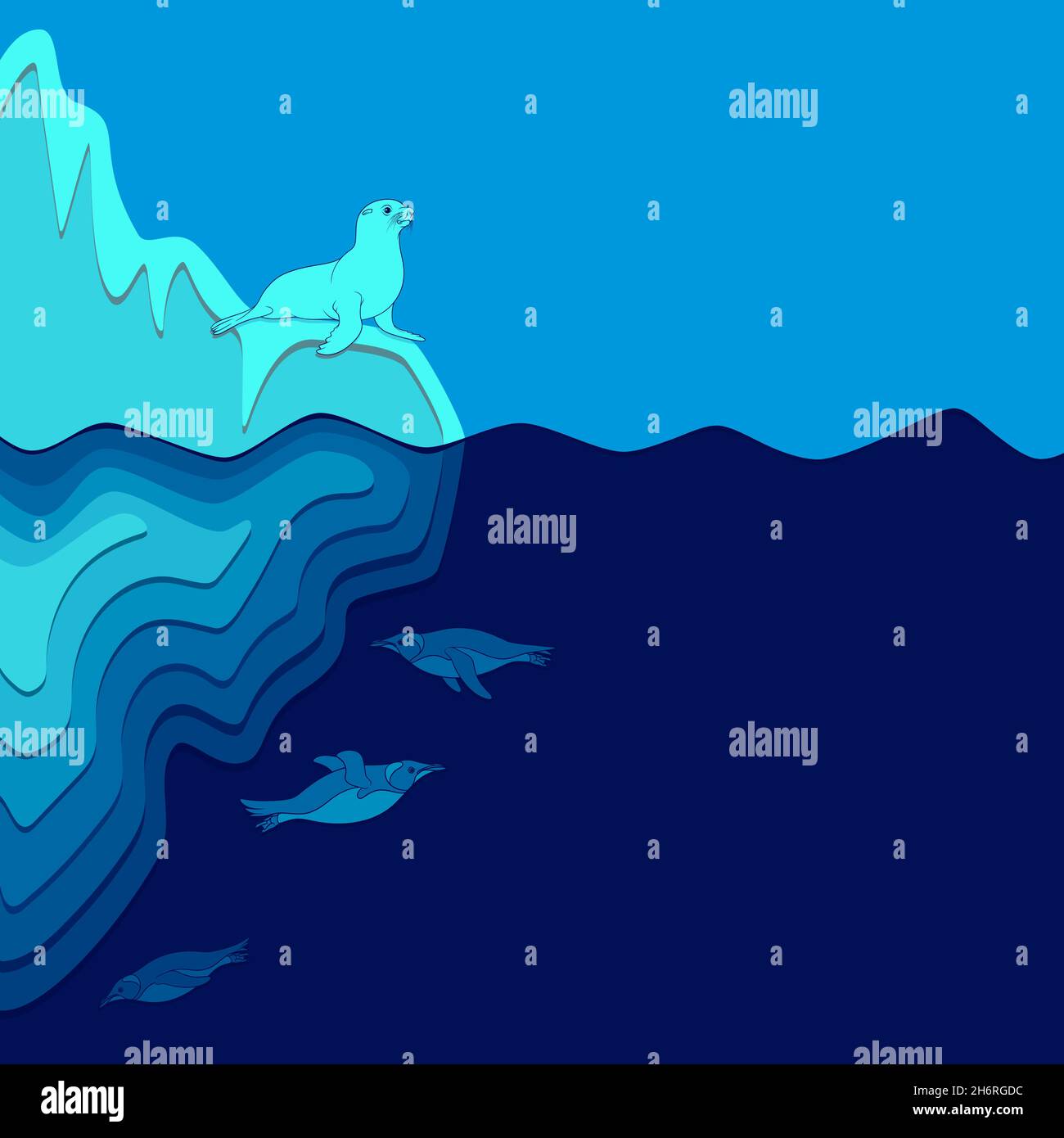 Illustration mit Eisberg, Pelzrobben und Pinguinen. Vektorfarbener Hintergrund mit Textort. Stock Vektor