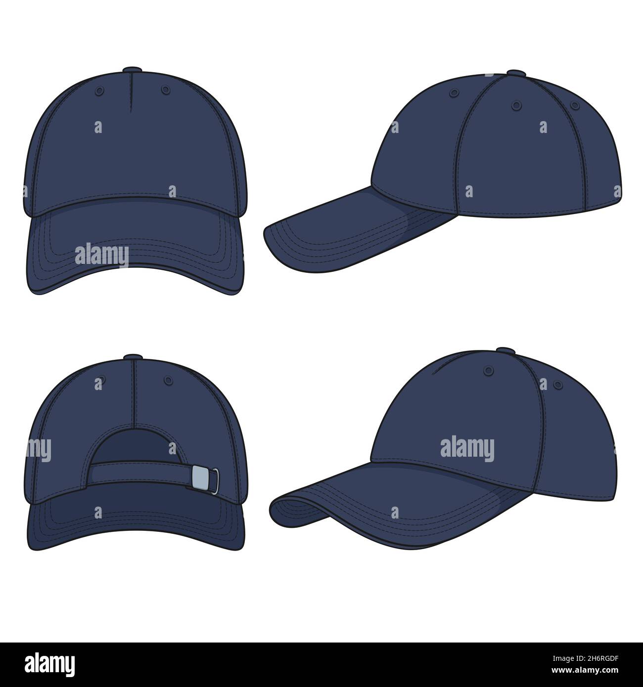 Set mit farbigen Illustrationen mit einer Baseballmütze aus blauem Denim. Isolierte Vektorobjekte auf weißem Hintergrund. Stock Vektor