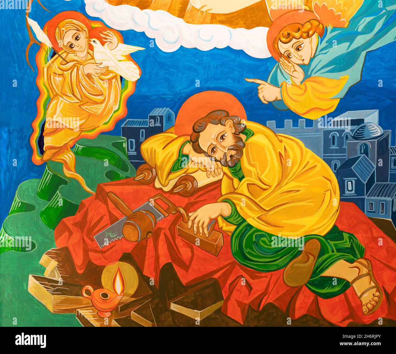 Forlí, ITALIEN - 11. NOVEMBER 2021: Das moderne Fresko Traum vom heiligen Josef in der Kirche Chiesa di San Giuespe Artigiano von Franco Vignazia (2019). Stockfoto