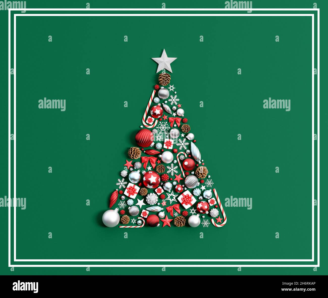 Weihnachtsbaum aus Weihnachtsdekoration auf grünem Hintergrund 3d Render 3d-Illustration Stockfoto