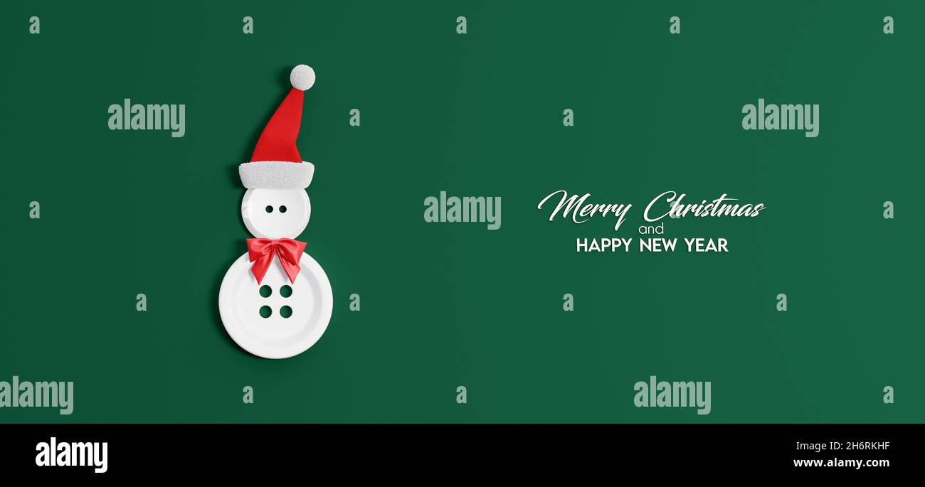 Schneemann-Charakter aus Knöpfen auf grünem Hintergrund. Frohe Weihnachten und ein glückliches neues Jahr Grußkarte 3d Rendering 3d Illustration Stockfoto