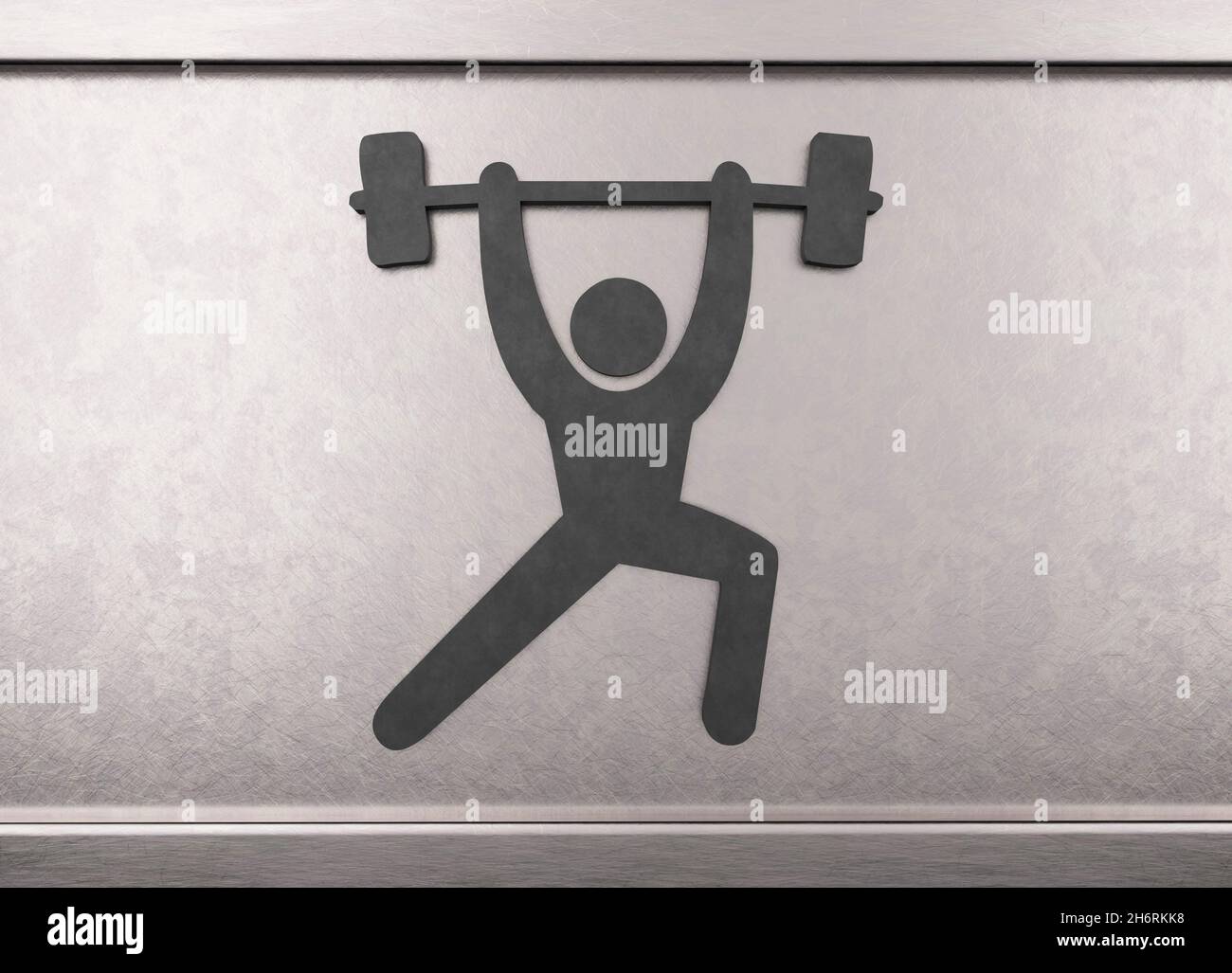Langhantel Gewichtheben Training Metall Symbol Person Heben Langhantel Symbol auf silbernen Metall Wand Hintergrund Stockfoto