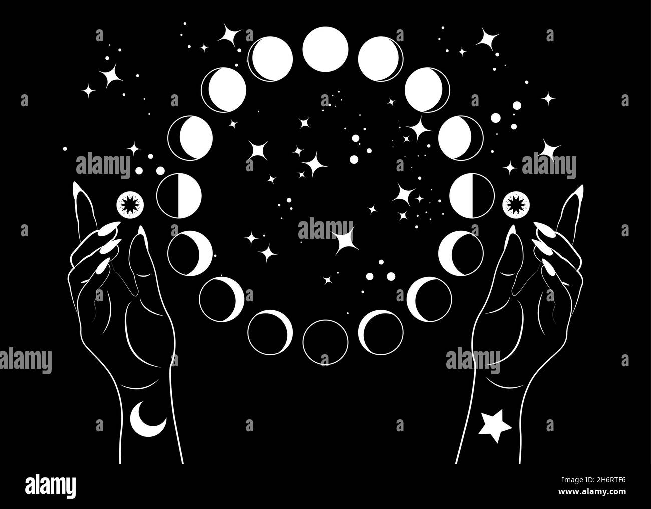 Mystische Mondphasen und Frauenhände, Dreimondheide Wiccan Göttin Symbol, Alchemie esoterischer Zauberraum, heiliges Rad Mondzyklus, Vektor isoliert Stock Vektor