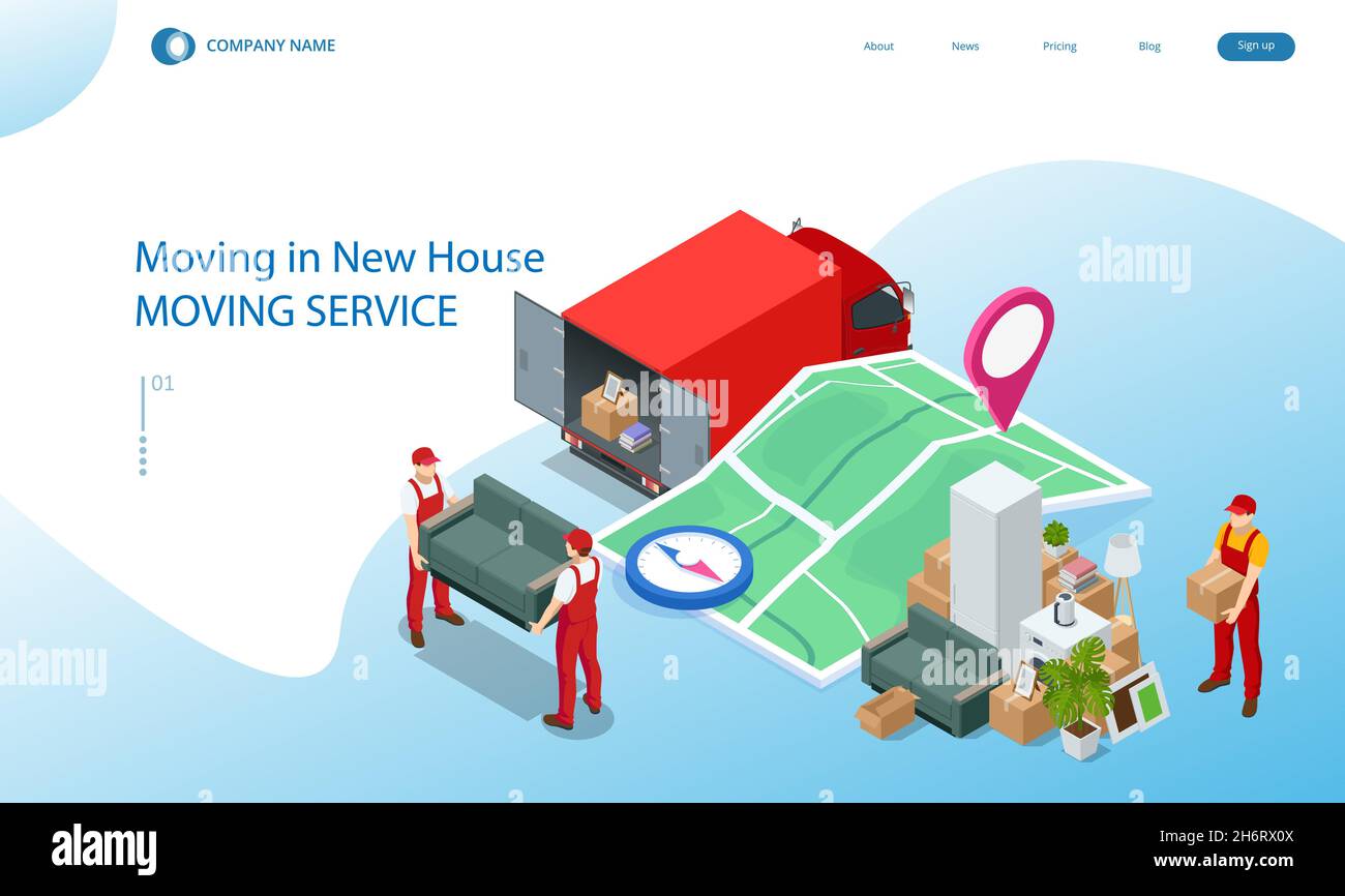 Isometrisches Umzugsunternehmen Arbeiter, die Kisten und Möbel tragen, LKW liefern. Lieferwagen voller Heimsachen im Inneren. Umzug ins neue Haus. Boxen Stock Vektor