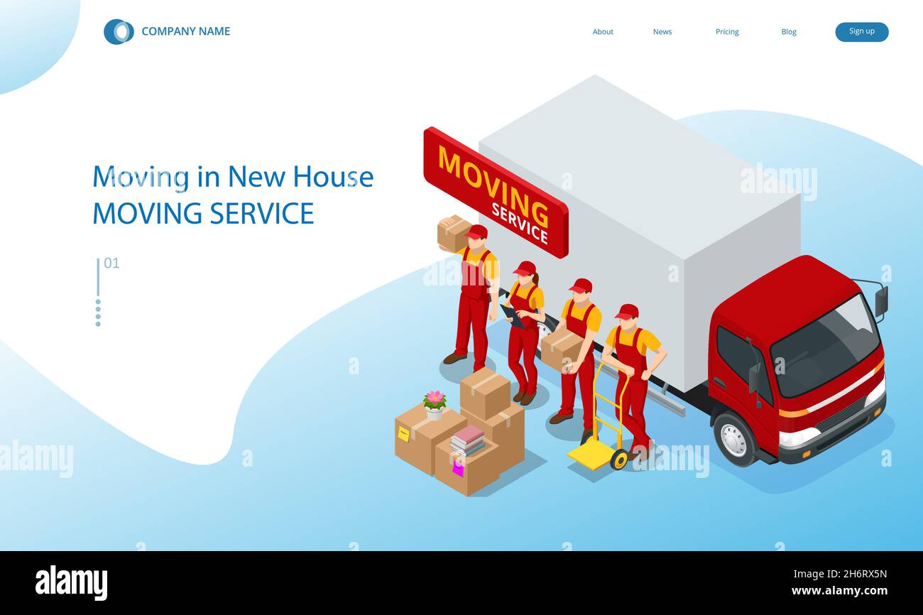 Isometrisches Umzugsunternehmen Arbeiter, die Kisten und Möbel tragen, LKW liefern. Lieferwagen voller Heimsachen im Inneren. Umzug ins neue Haus. Boxen Stock Vektor