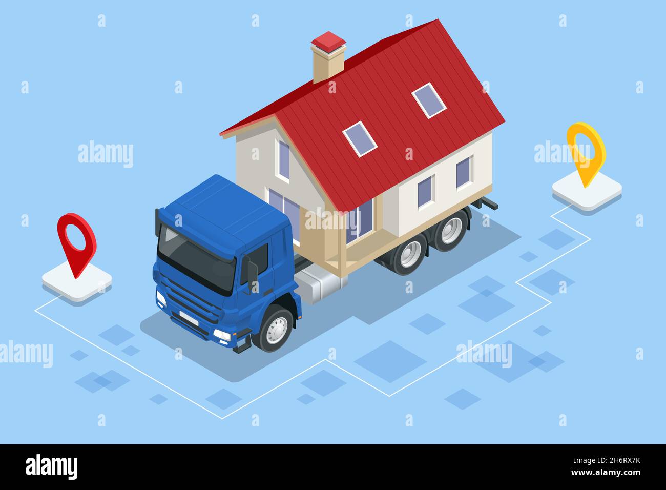 Isometrisches Umzugsunternehmen Arbeiter, die Kisten und Möbel tragen, LKW liefern. Lieferwagen voller Heimsachen im Inneren. Umzug ins neue Haus. Boxen Stock Vektor