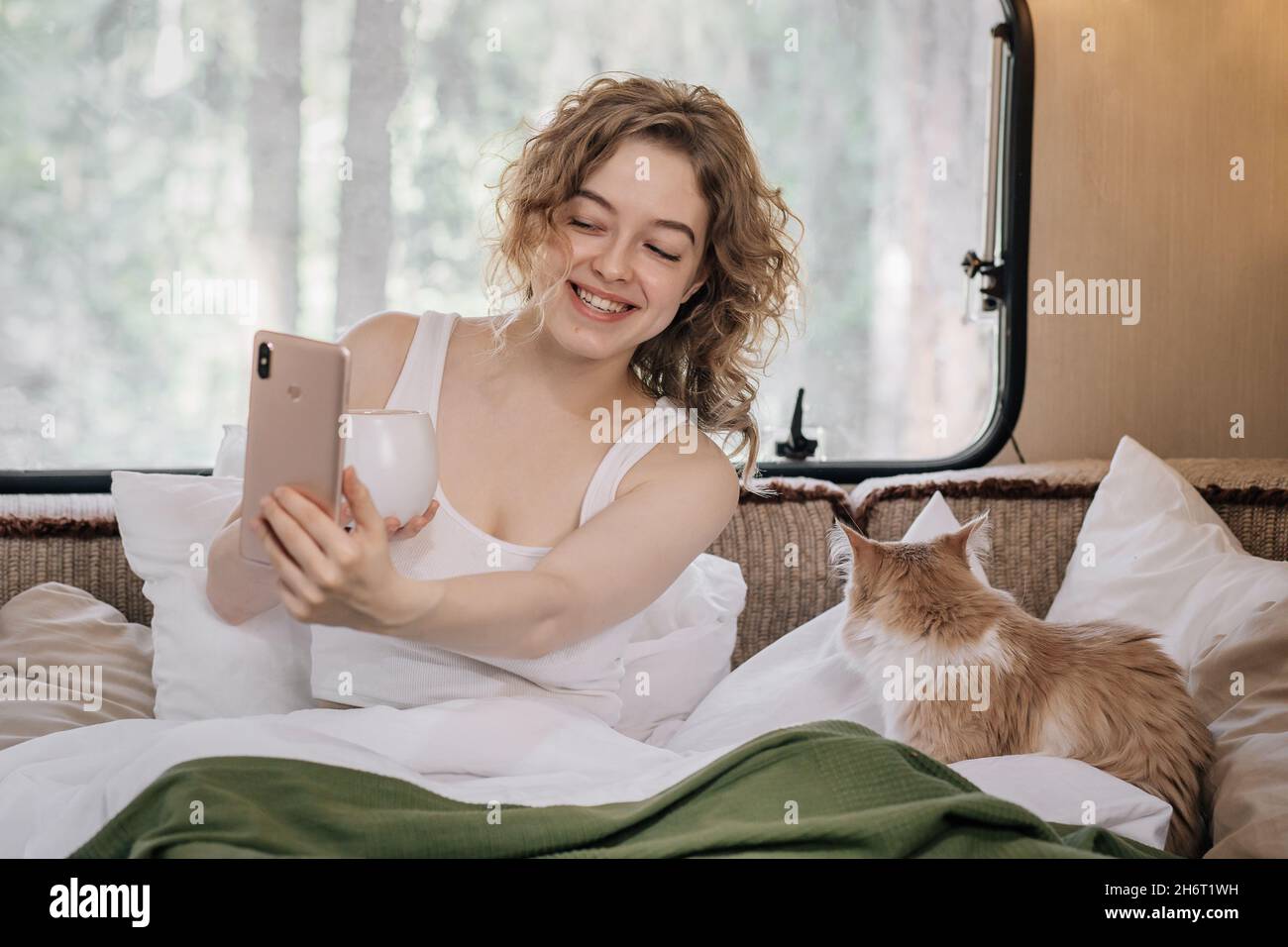 Frau und Ingwerkatze im Anhänger mit Telefon. Stockfoto