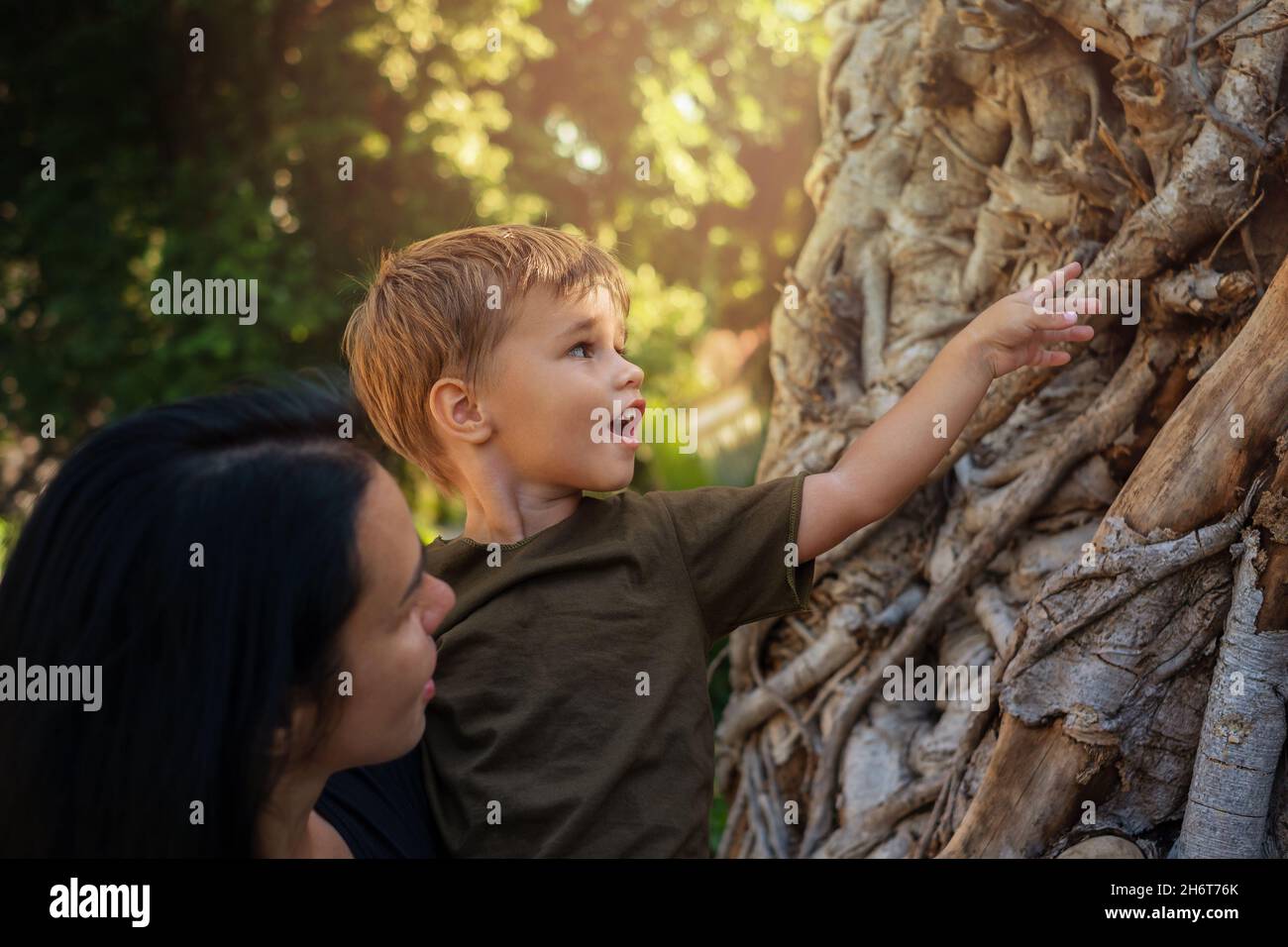 Mutter hält ihren Sohn im Park in den Armen. Die Frau nahm das Kind in ihre Arme, um die Baumrinde zu untersuchen Stockfoto